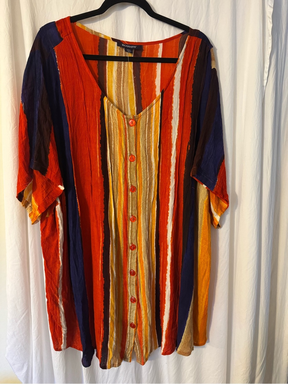 Roaman's Vibrant Red, Blue, Mustard and Tan Striped Button-Front ShirtSize 36w